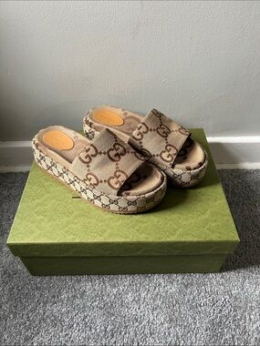 Gucci Brown Beige GG Canvas Platform Slide Sandals